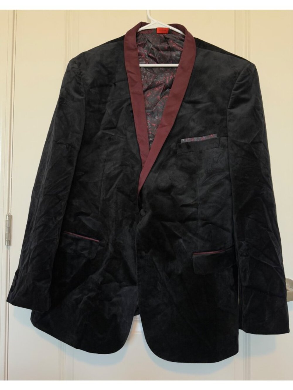 Linea Uomo Mens Black Velvet Tuxedo Jacket Sz 52L Wine Red Trim Patterned Liner